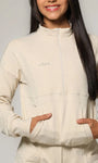 Jaqueta feminina comfy com zíper frontal e regulador